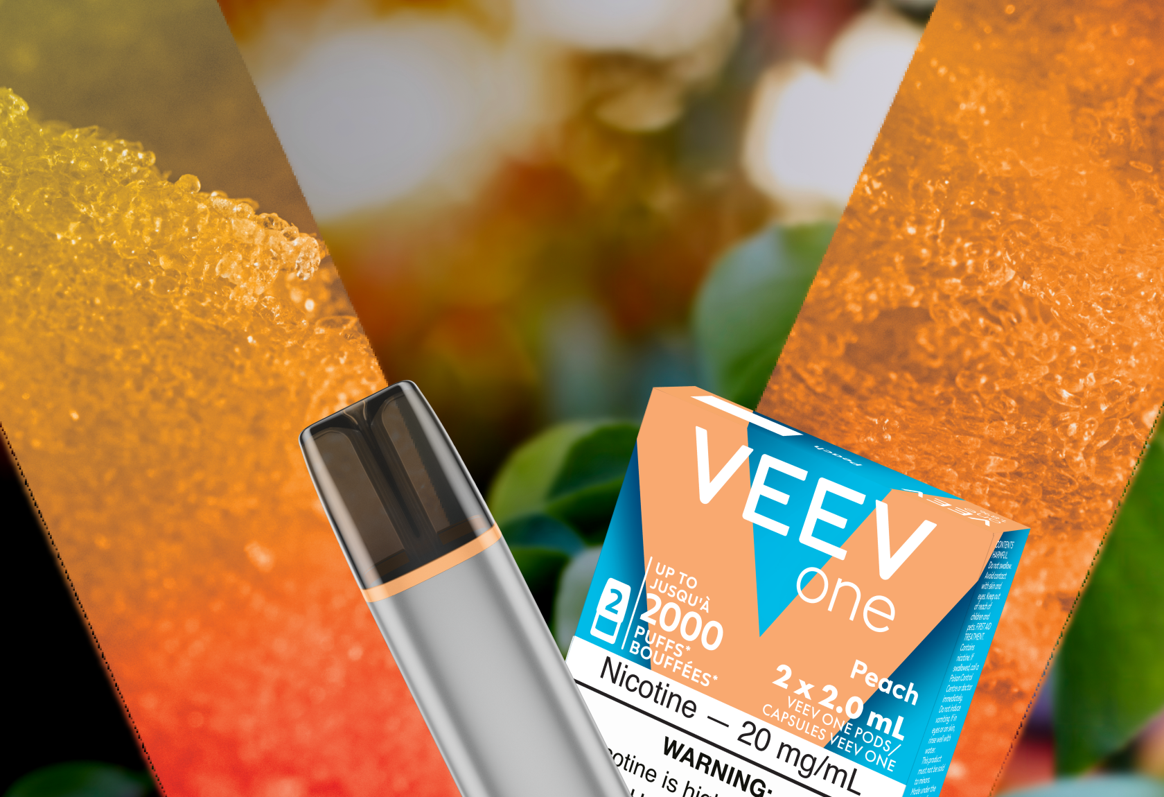 VEEV ONE vape and pack of  pods on orange background